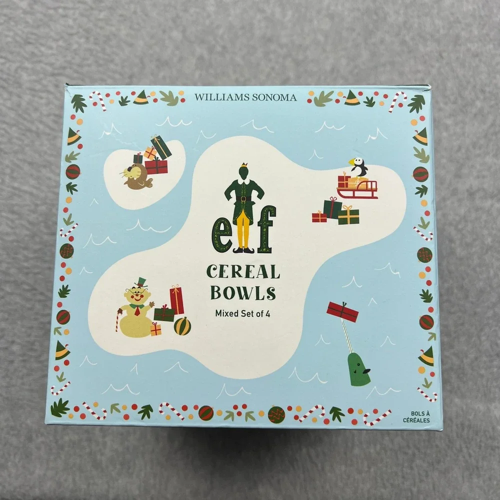NEW Williams Sonoma Elf Movie Cereal Bowls Multicolor Print Set‎ of 4 Christmas